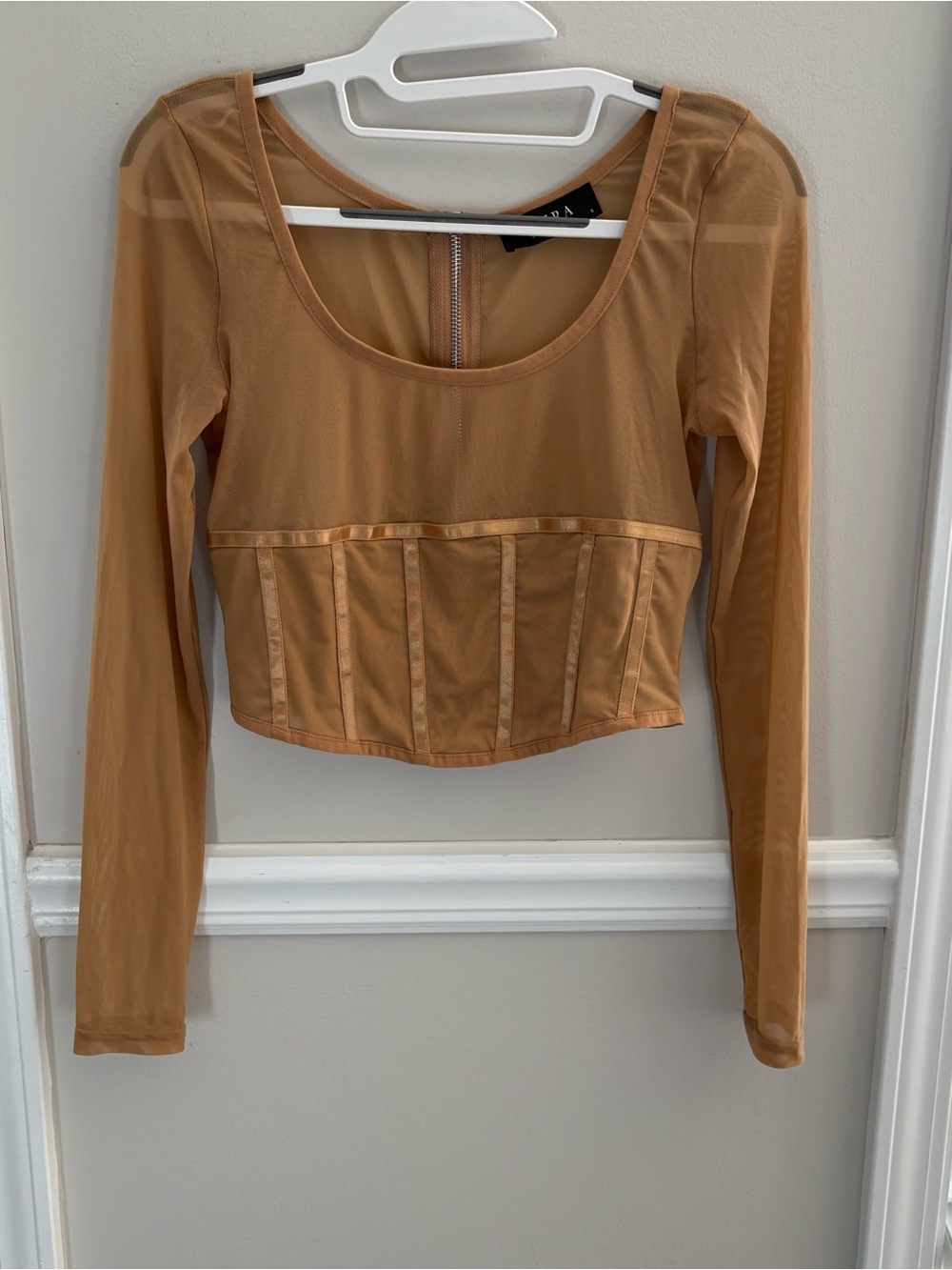 AKIRA Small Tan Sheer Corset-Style Long Sleeve Crop Top